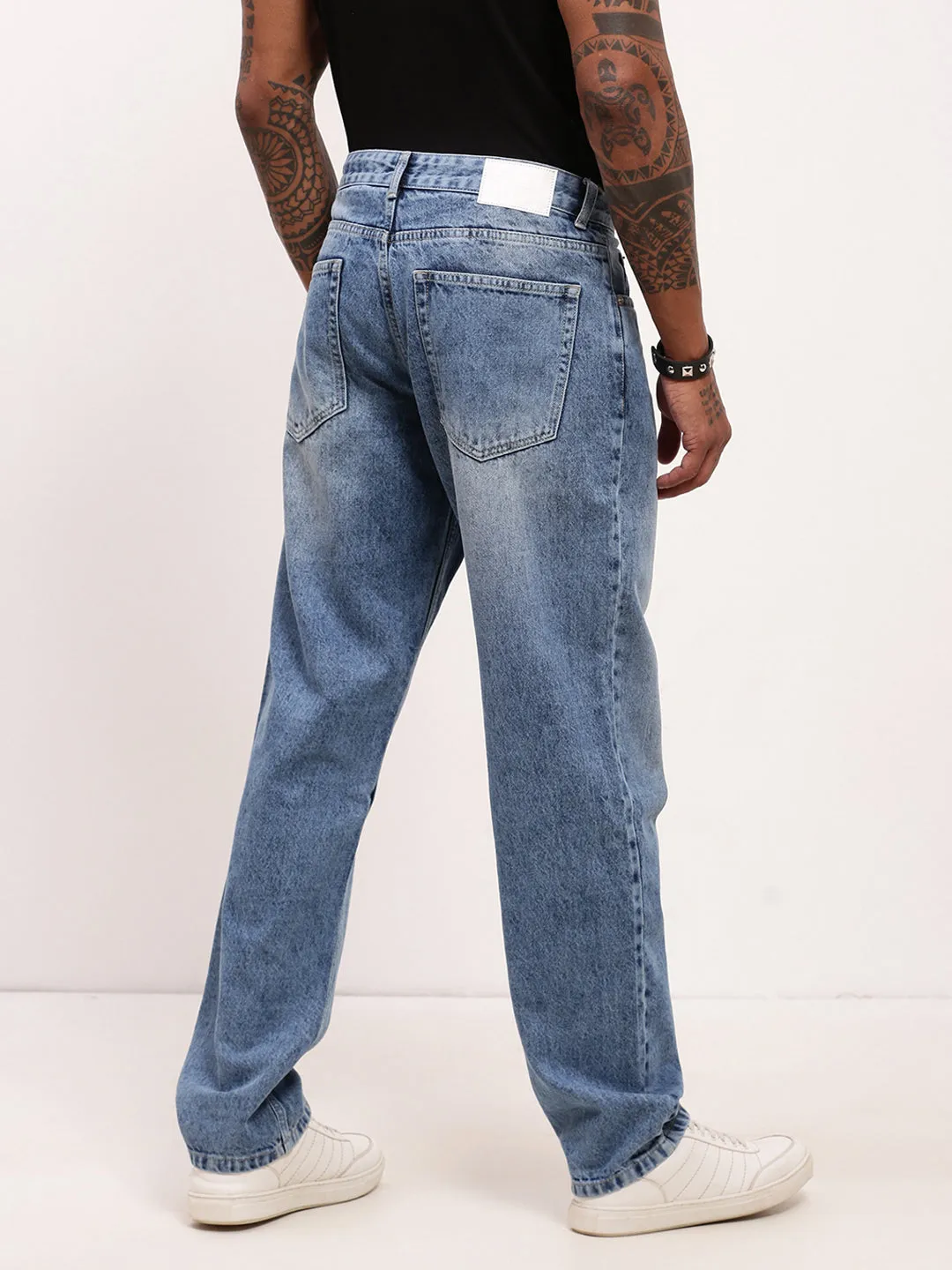 Men's Blue Solid Straight Fit Heavy Fade Jeans Casual Elegance Stretch Classic Gym Ready