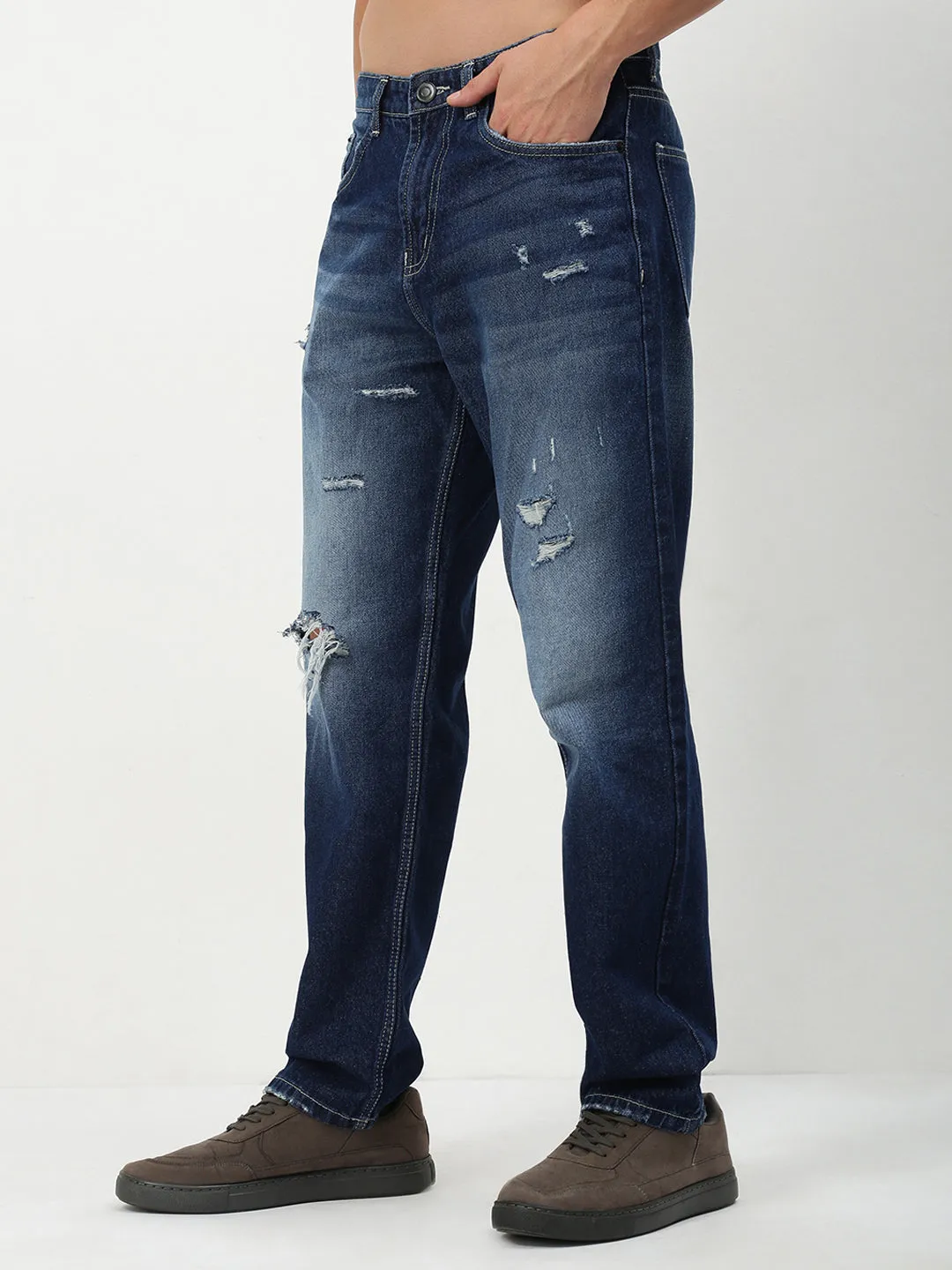 Men's Blue Solid Straight Fit Jeans Moisture Wicking Technology