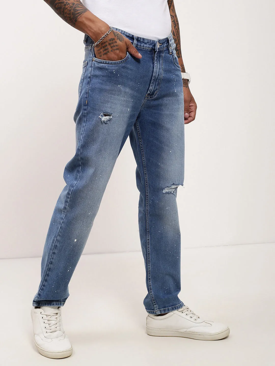 Men's Blue Solid Straight Fit Low Distress Heavy Fade Acid Wash Jeans Stylish Touch