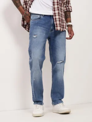Men's Blue Solid Straight Fit Low Distress Heavy Fade Acid Wash Jeans Flat Lock Stitching