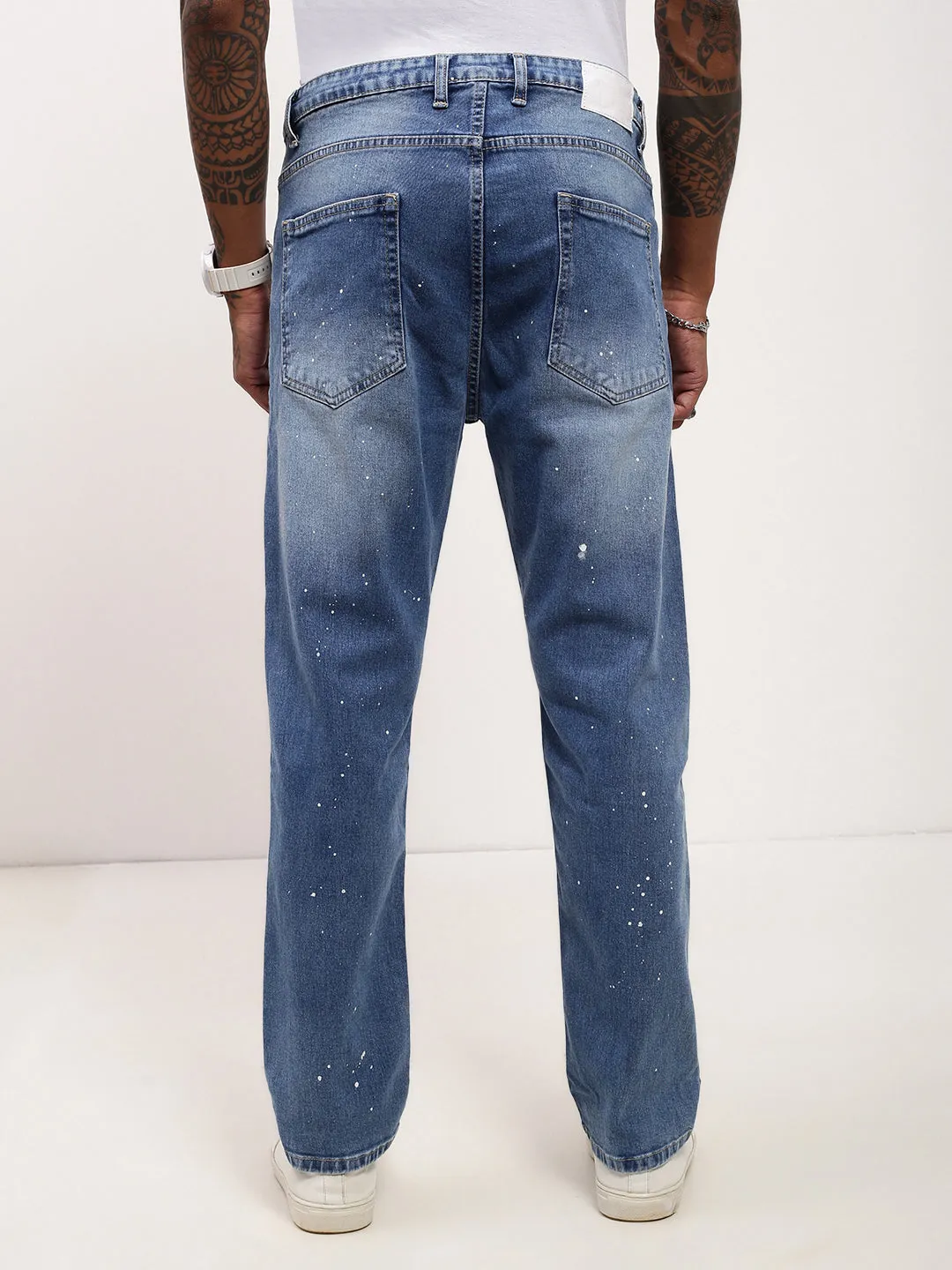 Men's Blue Solid Straight Fit Low Distress Heavy Fade Acid Wash Jeans Unisex Outfit