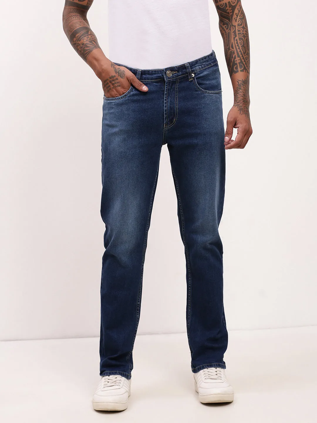 Effortless Waist Eco Friendly Date Night Men's Blue Solid Straight Fit Low-Rise Heavy Fade Acid Wash Jeans