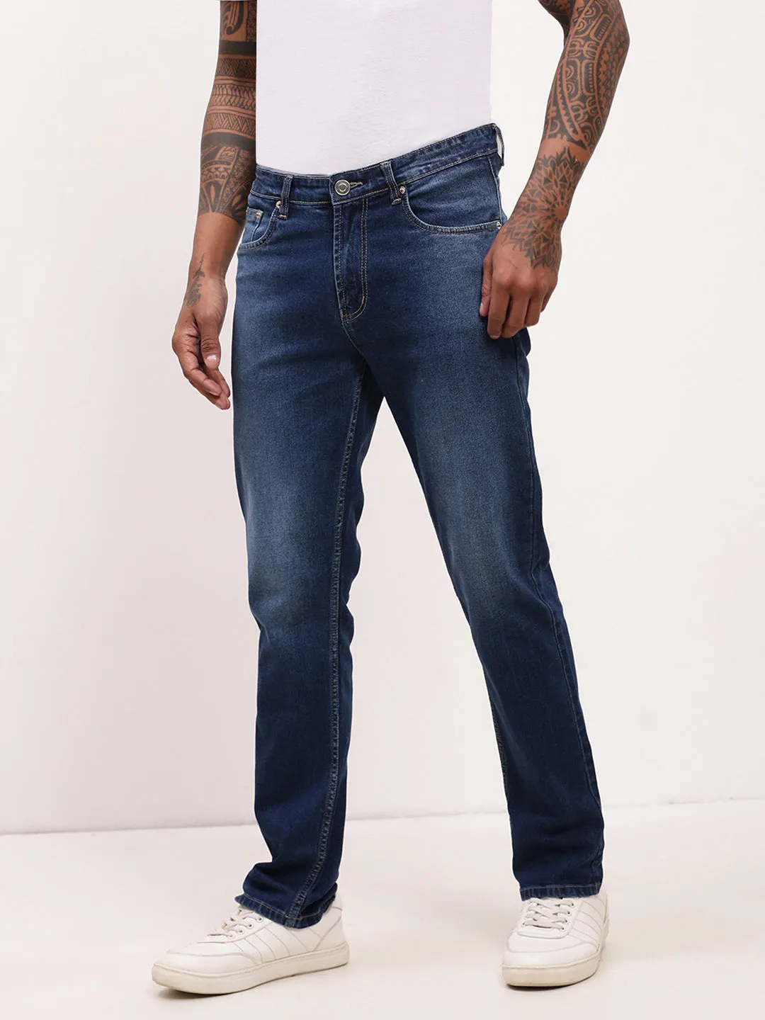 Men's Blue Solid Straight Fit Low-Rise Heavy Fade Acid Wash Jeans Go-To Style Contemporary Vibe