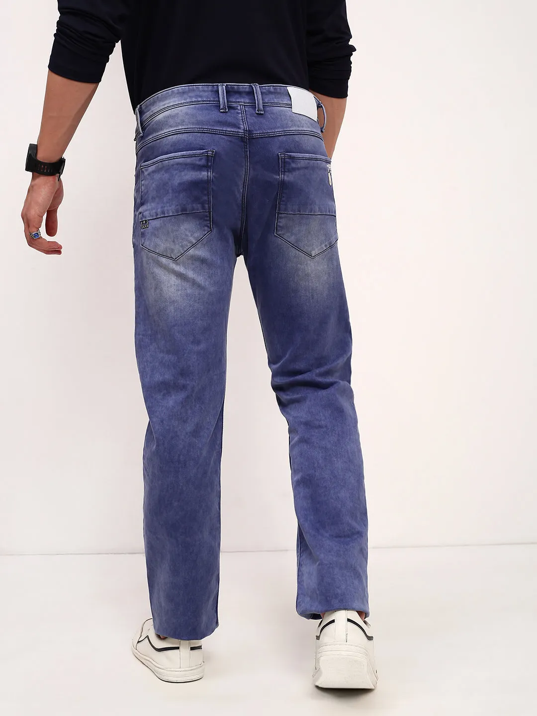 Men's Blue Solid Straight Fit Low-Rise Heavy Fade Acid Wash Stretchable Jeans Parent Style Trend Setter