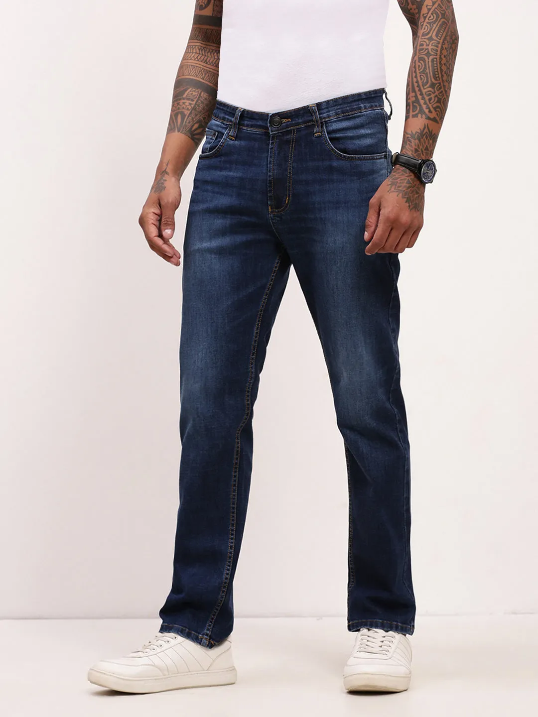 Men's Blue Solid Straight Fit Stretchable Jeans Brushed Interior