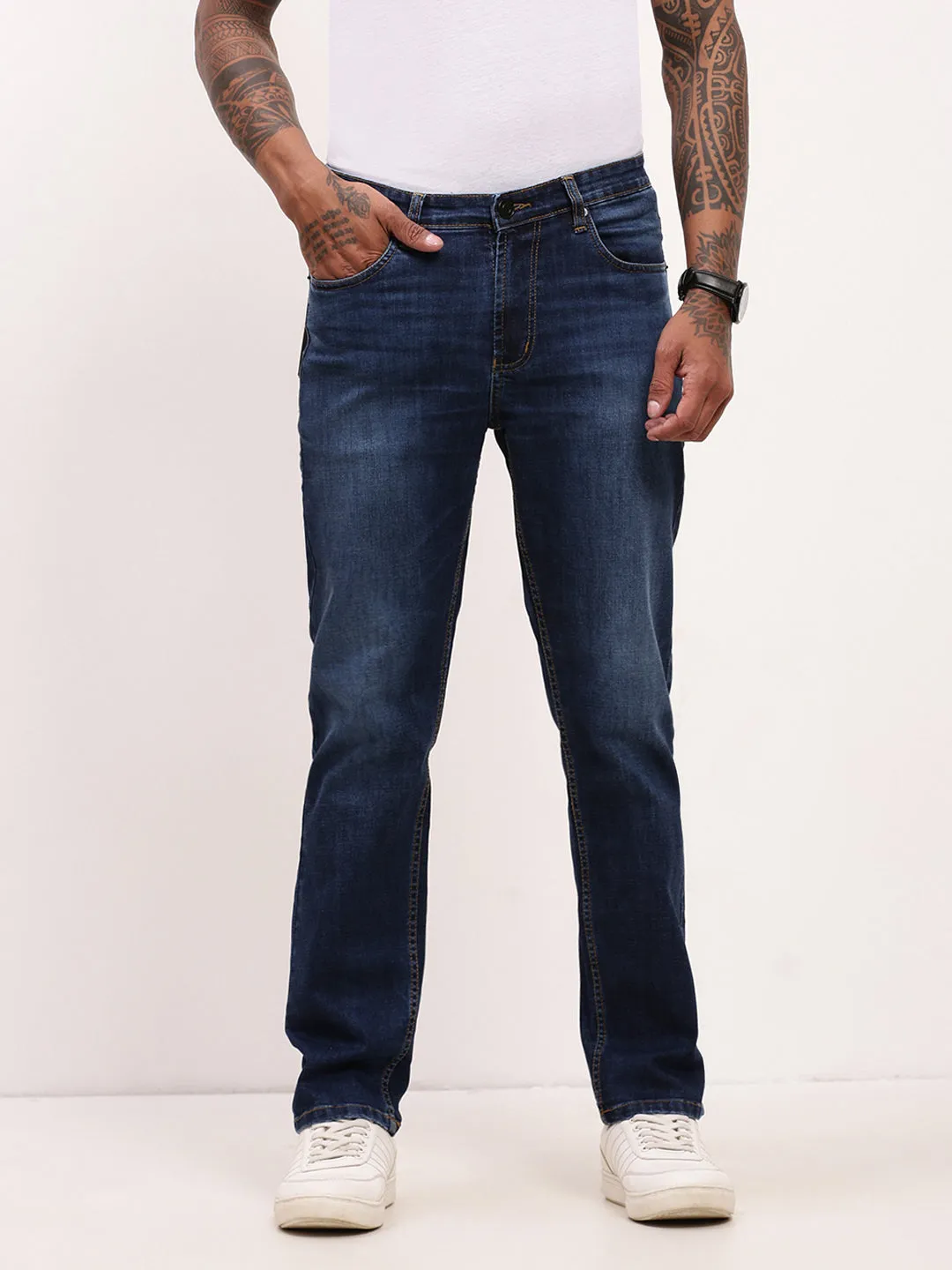Men's Blue Solid Straight Fit Stretchable Jeans Recycled Fiber Content