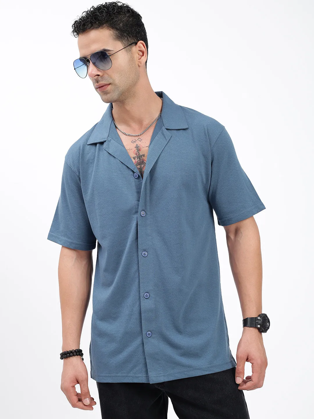 Machine Fit Men's Blue Standard Cuban Collar Solid Cotton Relaxed Fit Casual Shirt