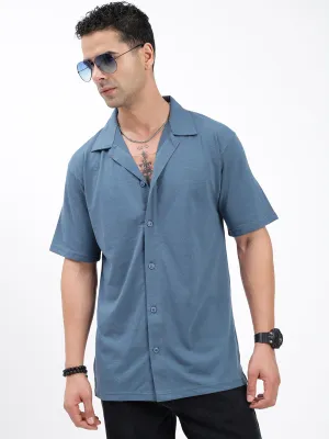 Machine Fit Men's Blue Standard Cuban Collar Solid Cotton Relaxed Fit Casual Shirt