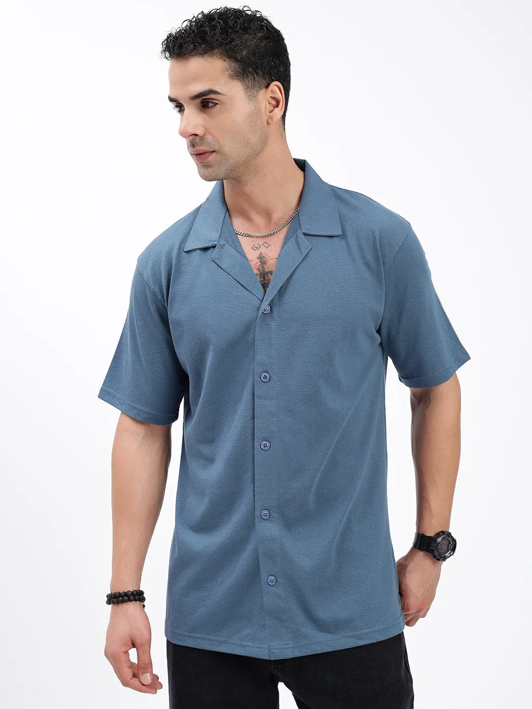 Men's Blue Standard Cuban Collar Solid Cotton Relaxed Fit Casual Shirt EcoFriendlyProduction Casual Fashion