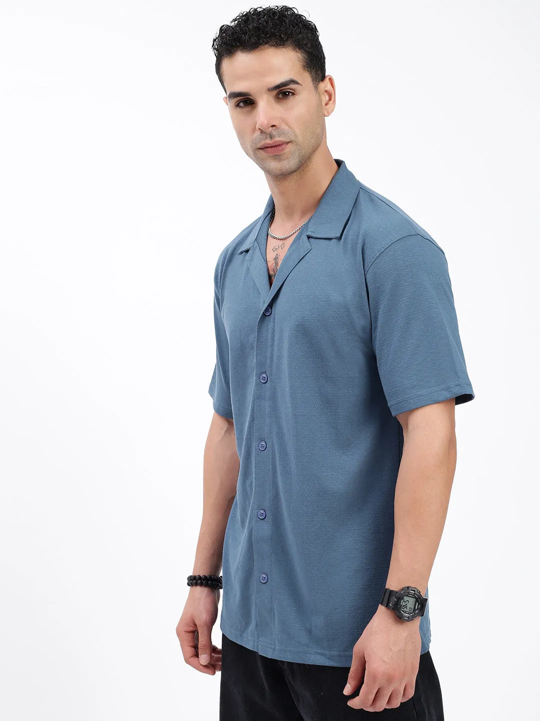 Men's Blue Standard Cuban Collar Solid Cotton Relaxed Fit Casual Shirt Daily Wear