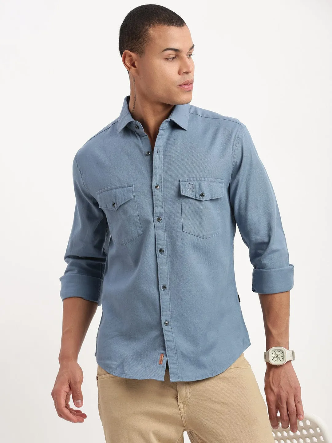 Outdoor Jacket Men's Blue Standard Slim Fit Cotton Twill Casual Shirt
