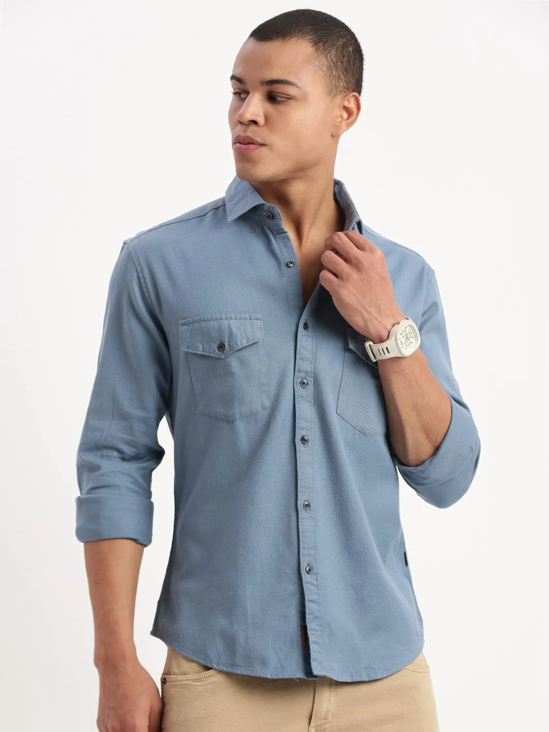 Sustainable Wear Tropical Glow Men's Blue Standard Slim Fit Cotton Twill Casual Shirt
