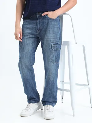Fray Resistant Hem Luxury Textured Athlete Fit Men's Blue Straight Fit Cargo Jeans