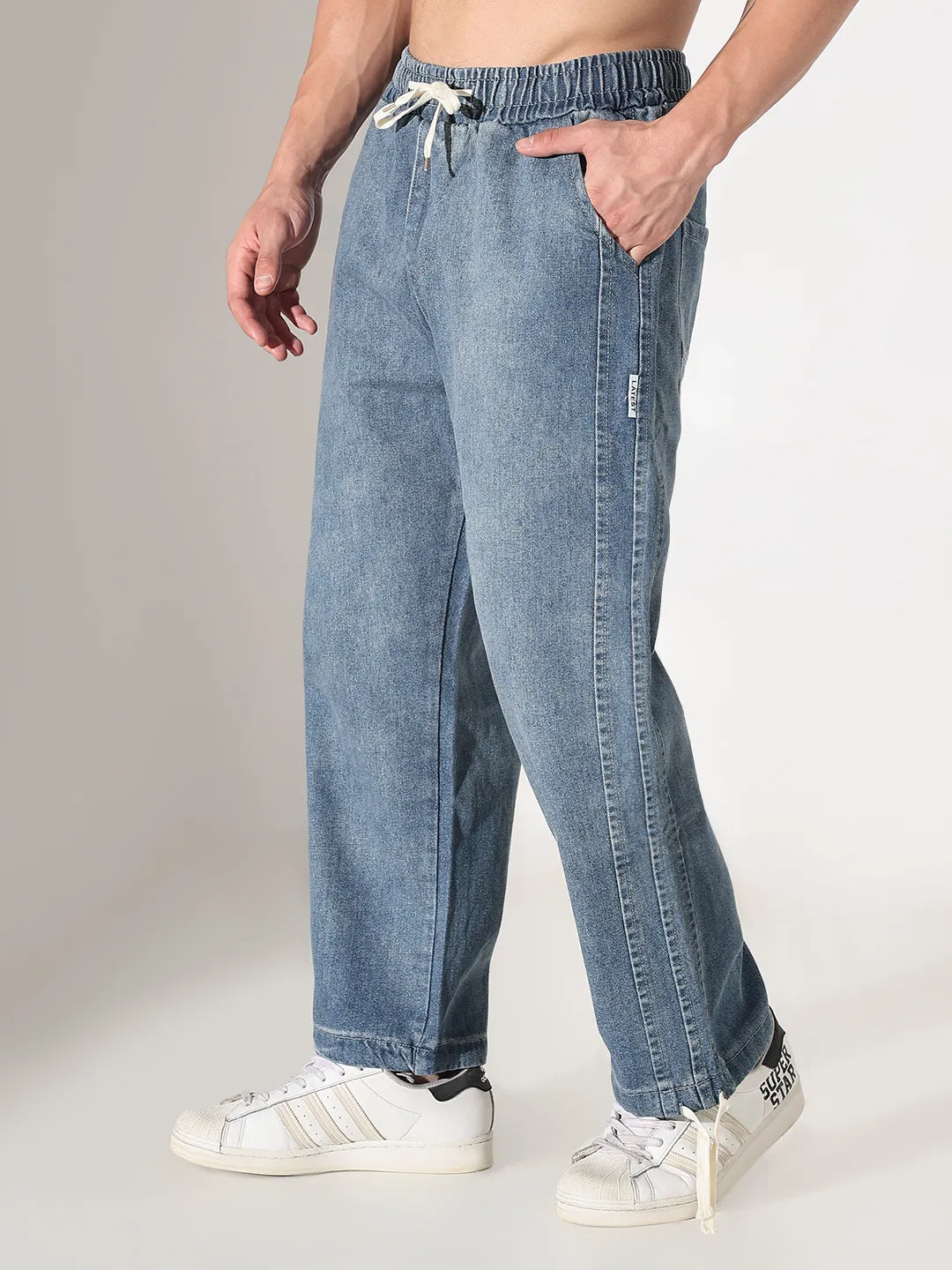 Acid Wash Effect Men's Blue Straight Fit Jeans