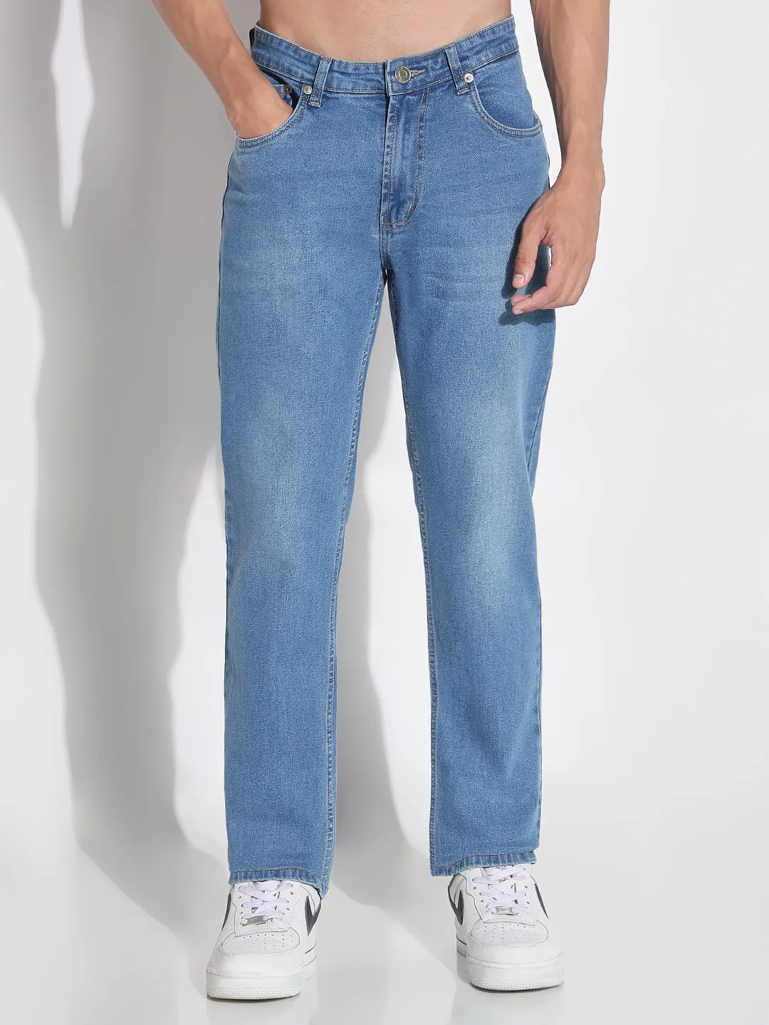 Men's Blue Straight Fit Jeans Picnic Style Creative Look Minimalist Style