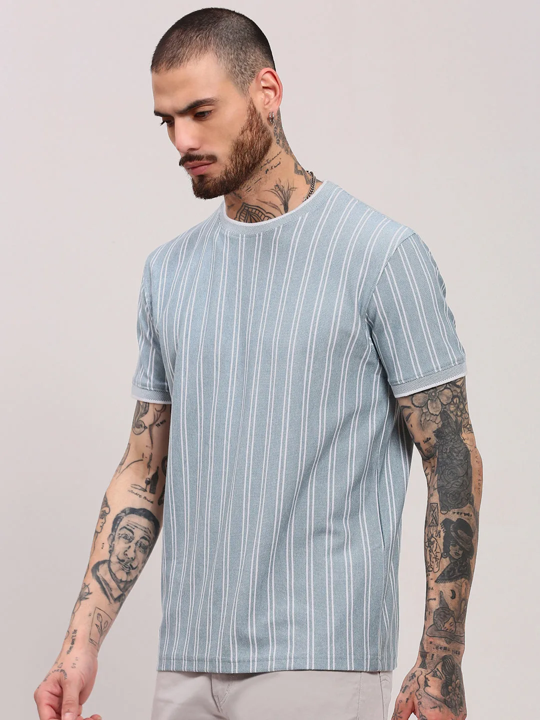 Men's Blue Striped Cotton T-Shirt Hiking Essential product selection