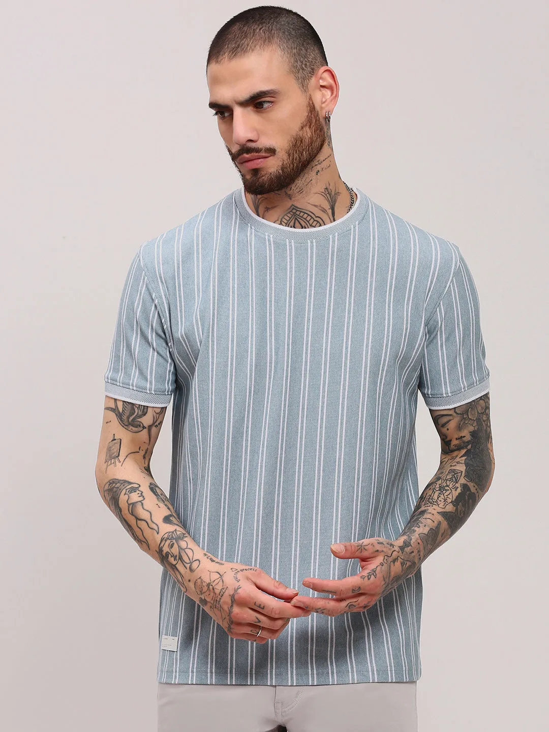 product premium quality Drawstring Hood Men's Blue Striped Cotton T-Shirt