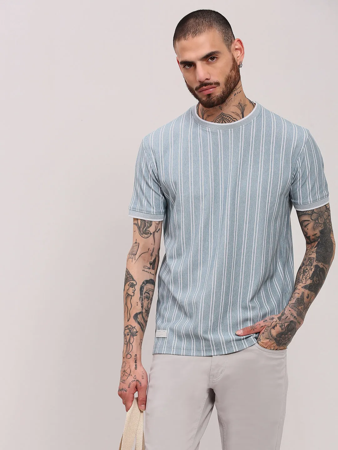 Men's Blue Striped Cotton T-Shirt Plus Fit