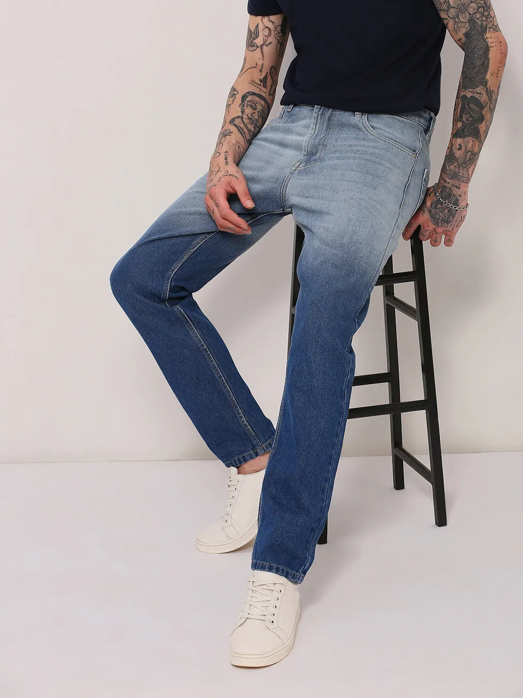 Natural Fit Men's Blue Two-Tone Relaxed Fit Jeans