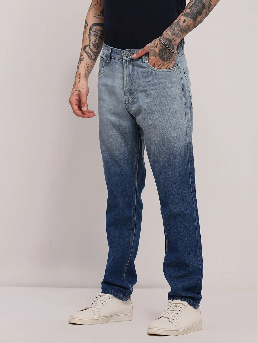 Men's Blue Two-Tone Relaxed Fit Jeans Grab And Go Sleek Waist Design