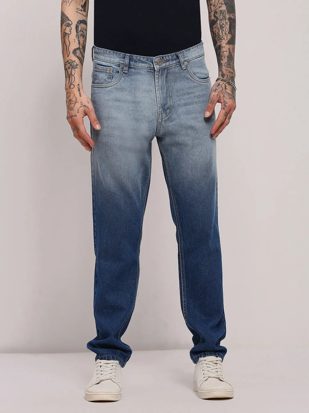 Men's Blue Two-Tone Relaxed Fit Jeans Match With All Daily Casual