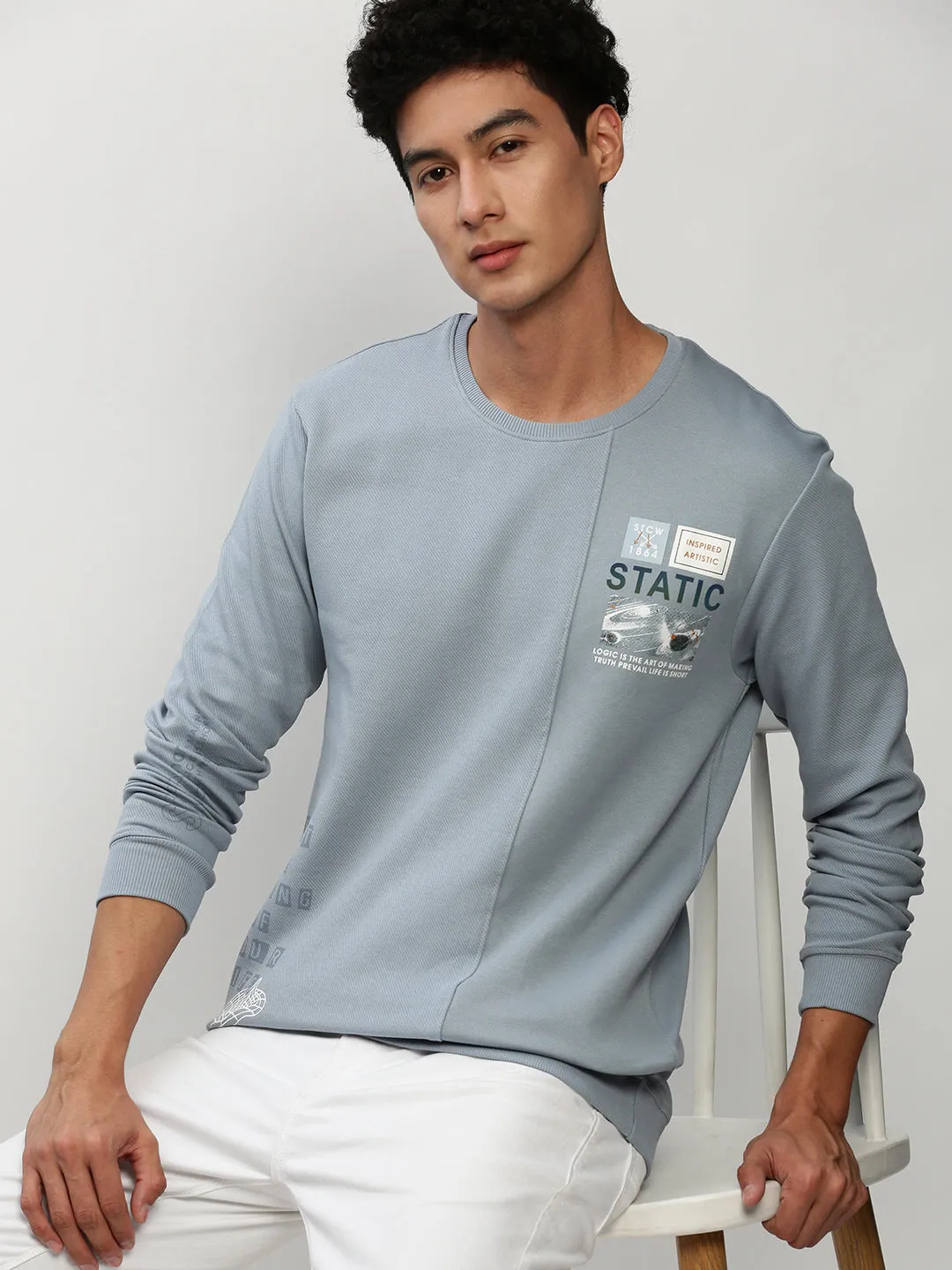 Men's Blue Typography Printed Pullover Cotton Sweatshirt Cozy All Season Thin