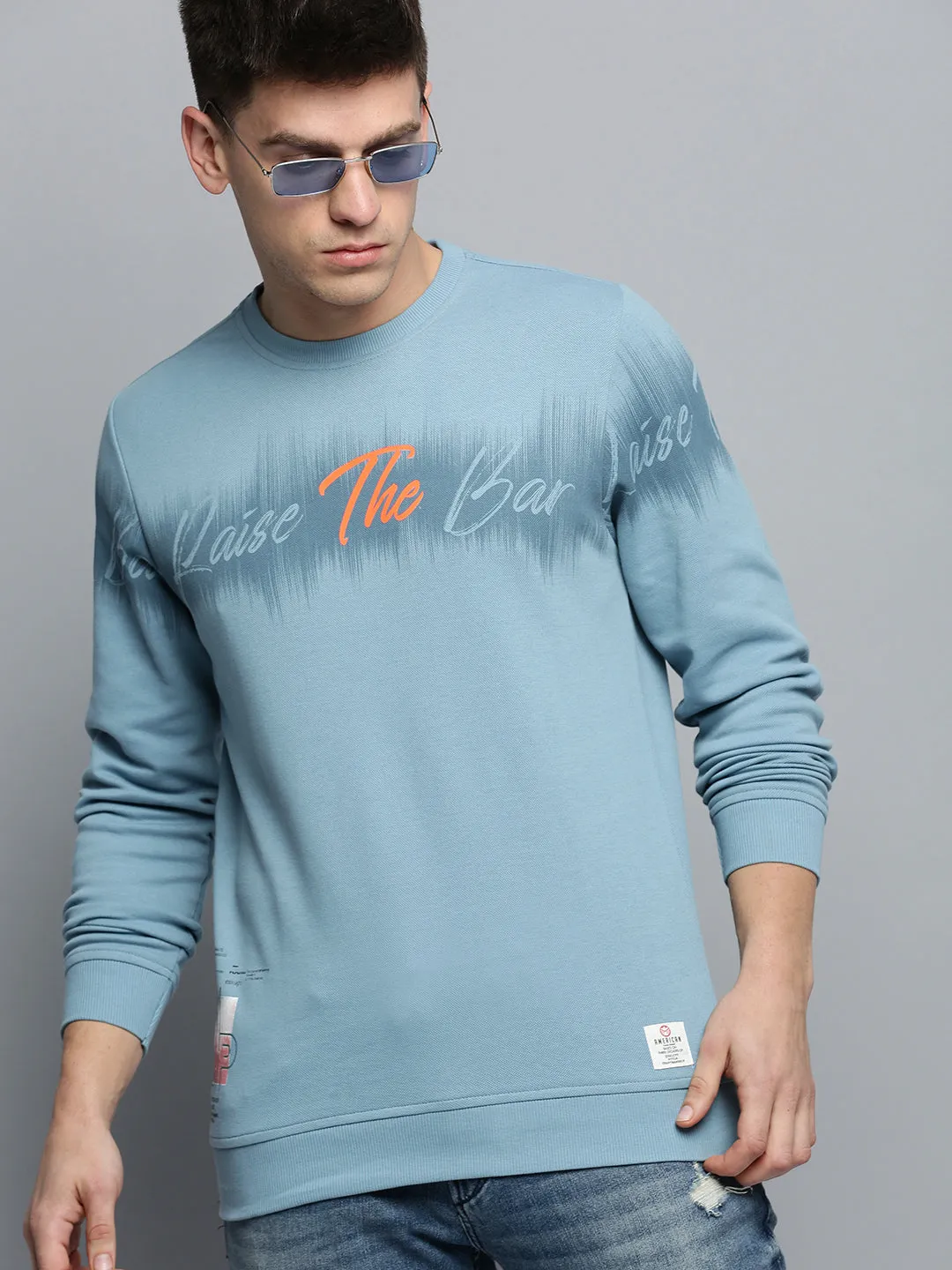 Men's Blue Typography Printed Pullover Cotton Sweatshirt Tall Fit comfortable for standing