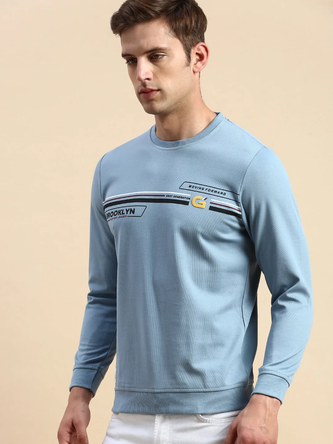 Ribbed Cuffs Men's Blue Typography Printed Sweatshirt