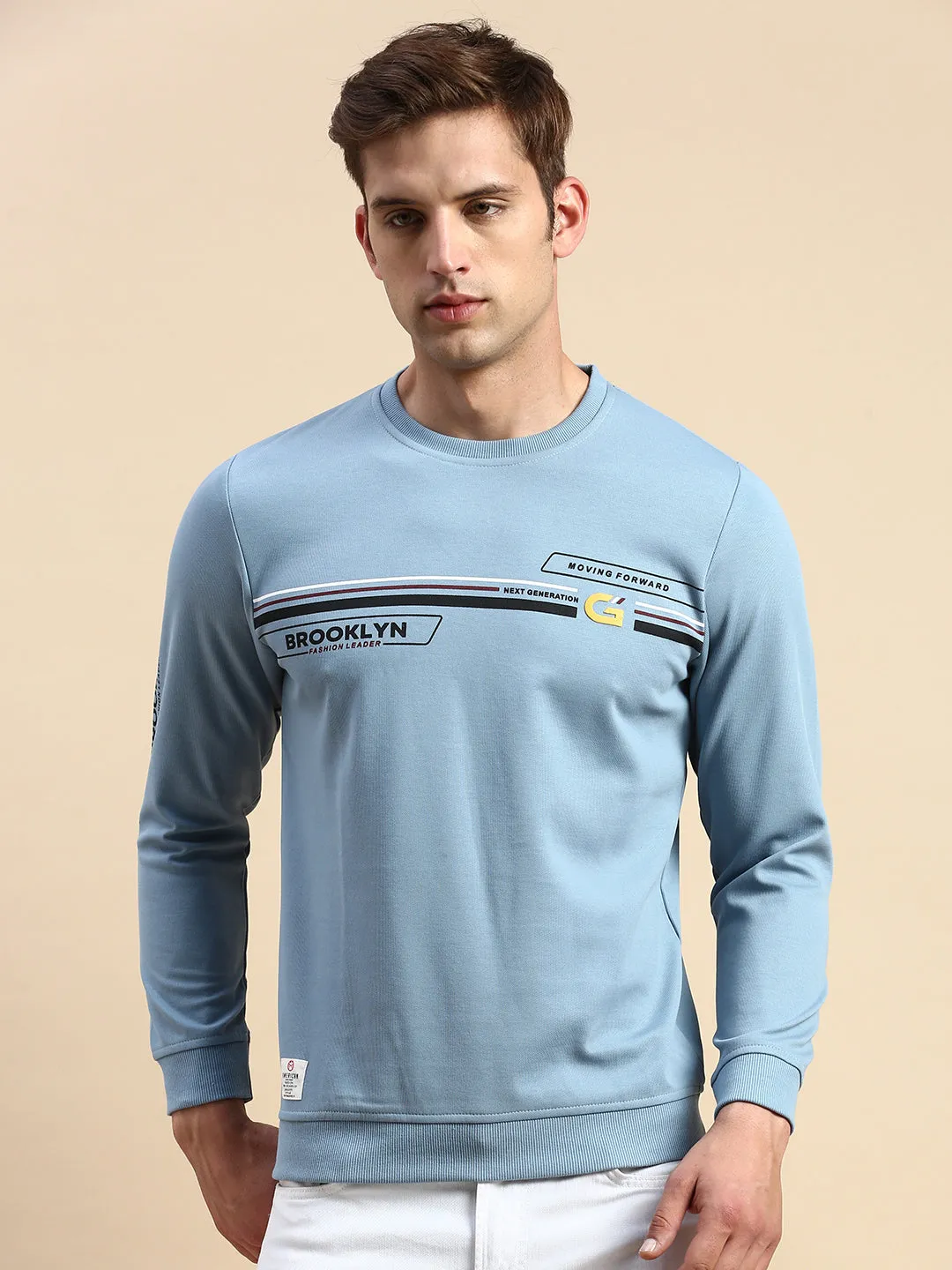 Striped Men's Blue Typography Printed Sweatshirt