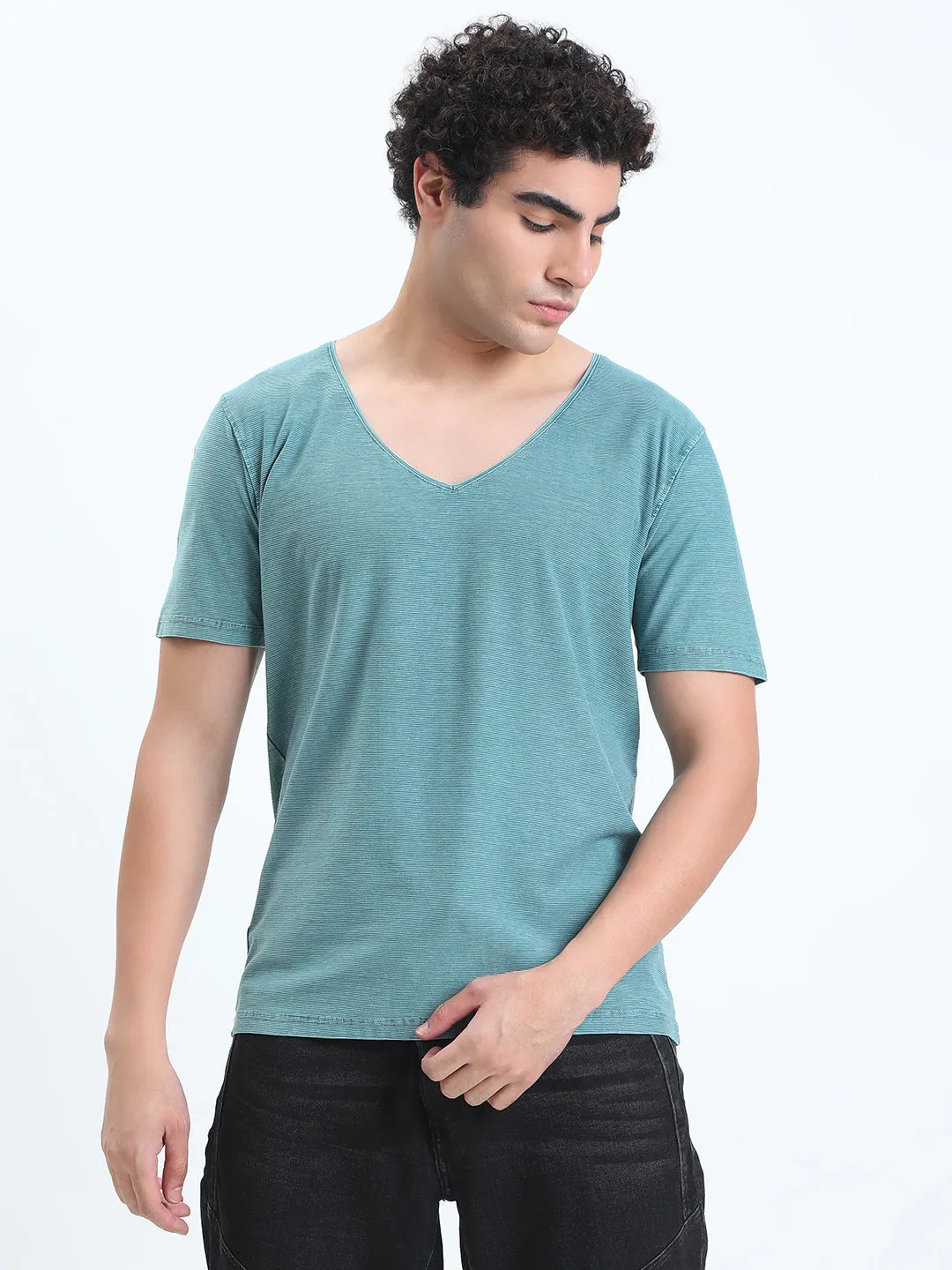 Men's Blue V-Neck Regular Fit T-Shirt Water Soul Fashion Layers