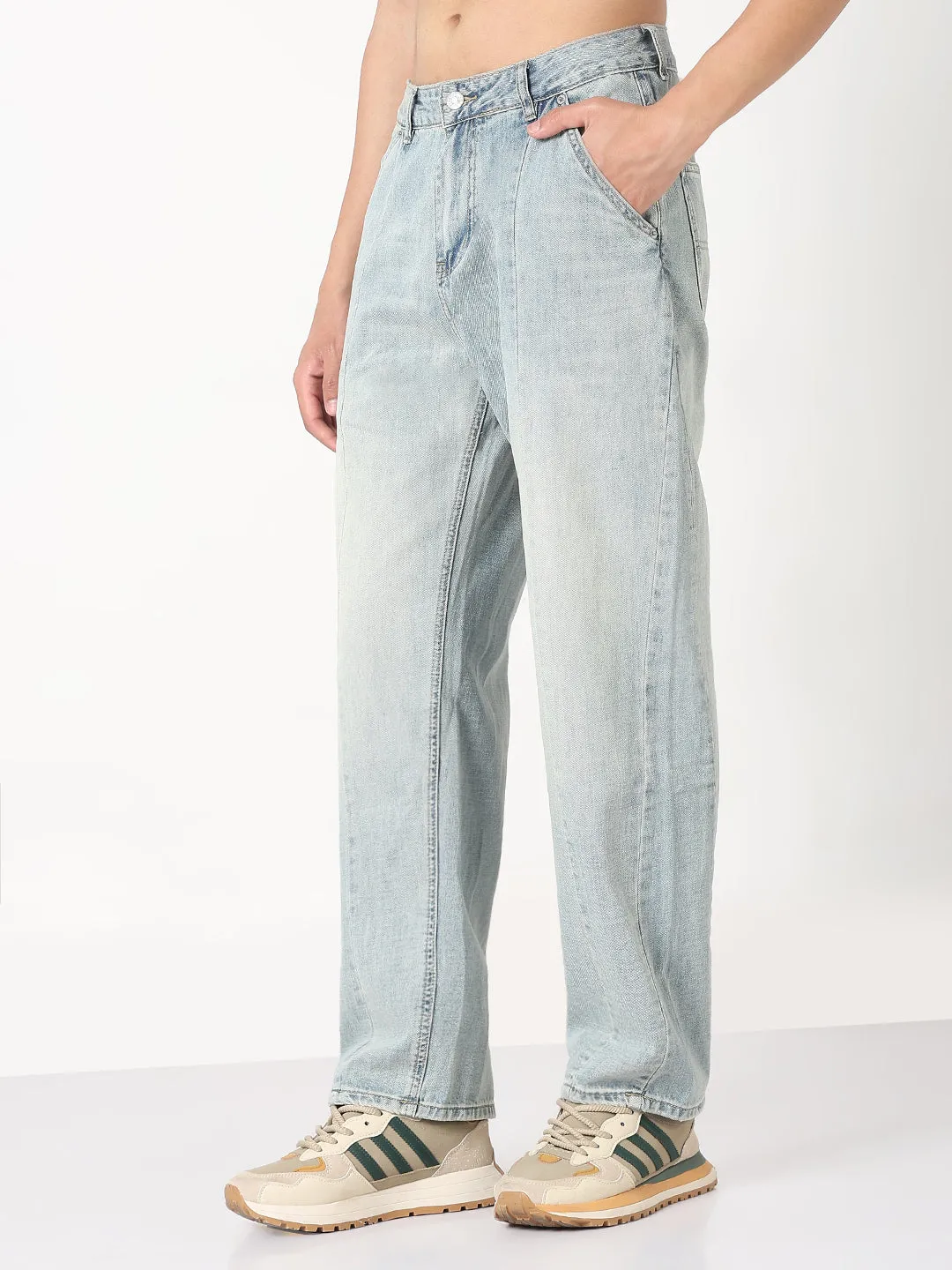 Men's Blue Washed Straight Fit Front Seam Jeans Modern Winter Warmth Loose Hidden Rivet Details