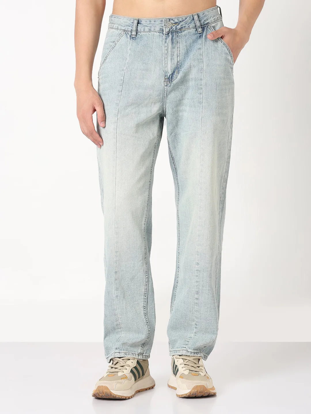 Plain Favorite Men's Blue Washed Straight Fit Front Seam Jeans