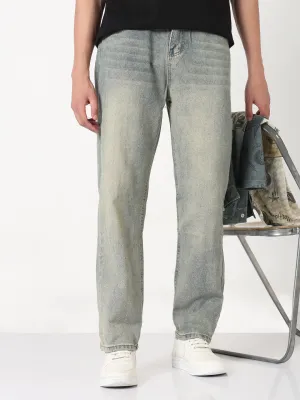 Easy Wearing Versatile Cut Men's Blue Washed Straight Fit Jeans