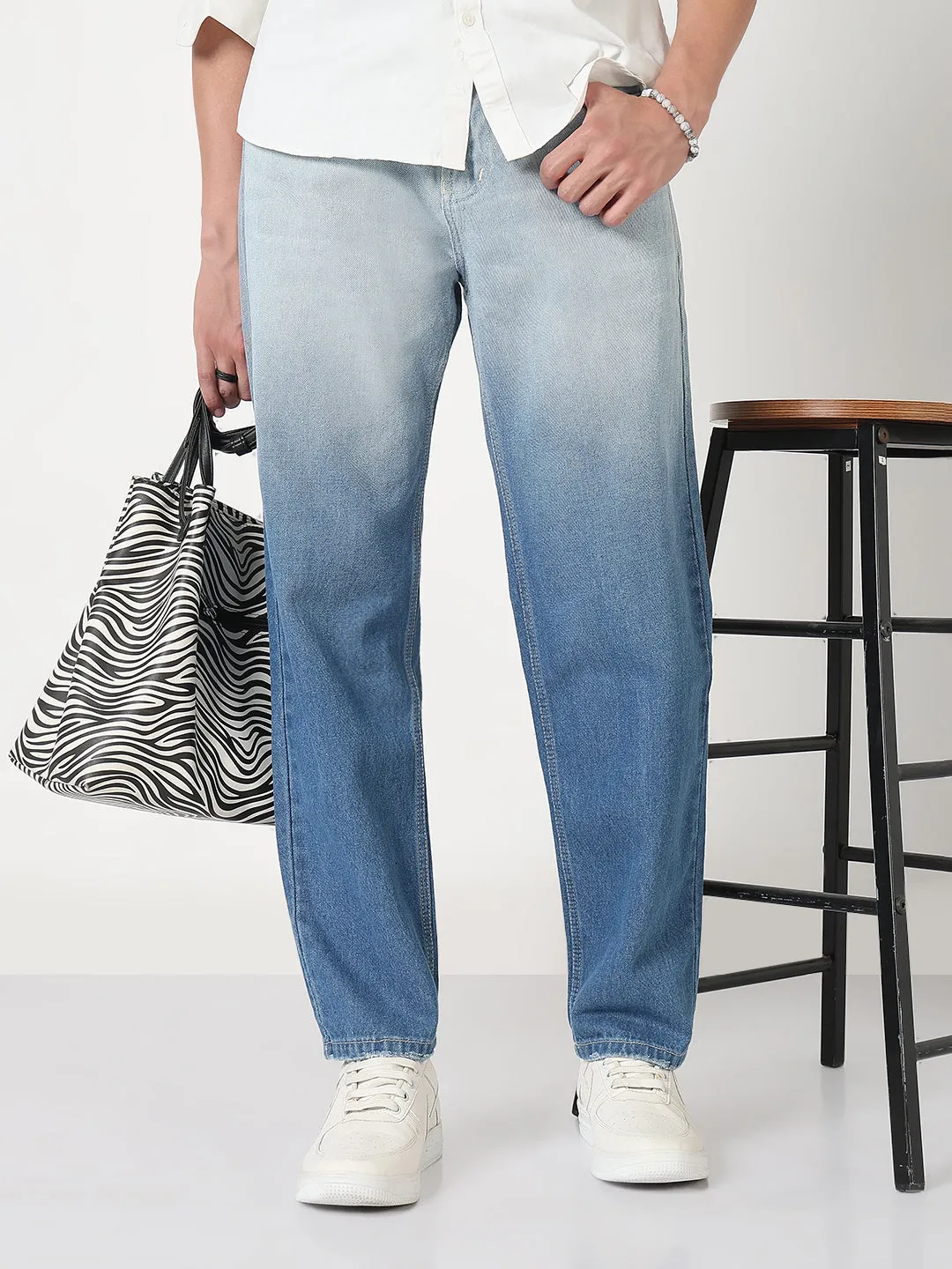 Men's Blue Washed Straight Fit Ombre Jeans Elegant Minimalist Outdoor Adventure Minimal Fading