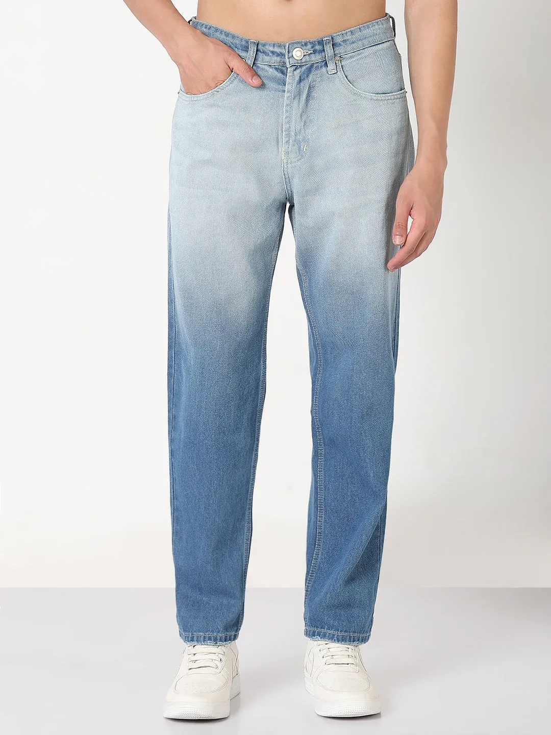 Men's Blue Washed Straight Fit Ombre Jeans Brunch Outfit Trend Setter Light Fabric