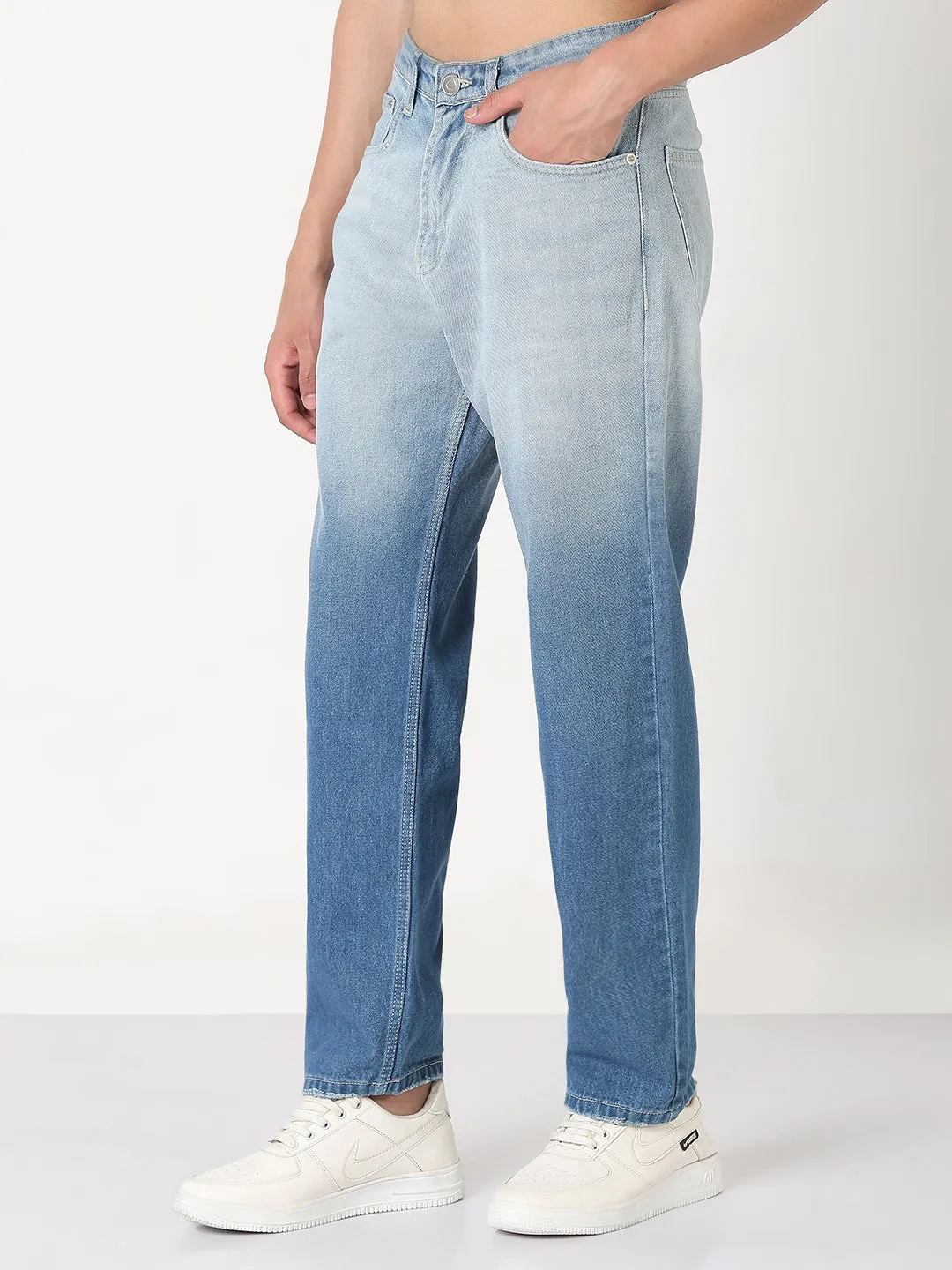 Men's Blue Washed Straight Fit Ombre Jeans Non Fading Technology Textured Smart Casual Road Trip