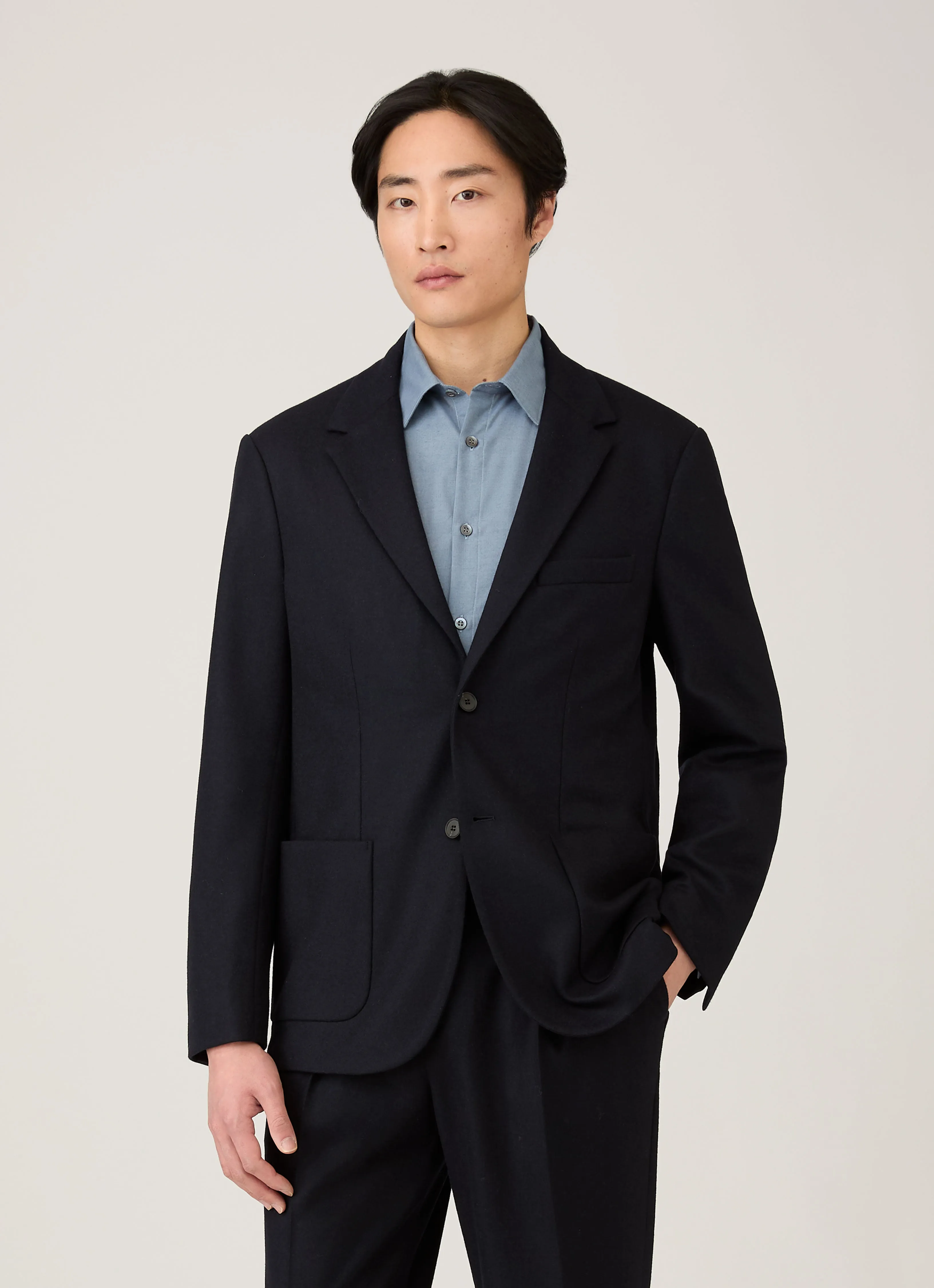 Men's Boiled Wool Blazer in Navy Classic Ribbed Cuffs Simple Look