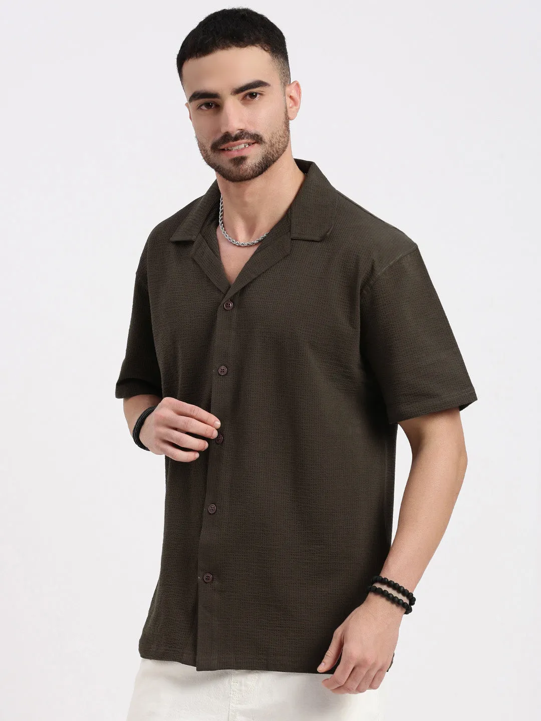 GentleWaistband Men's Brown Cuban Collar Solid Casual Cotton Shirt