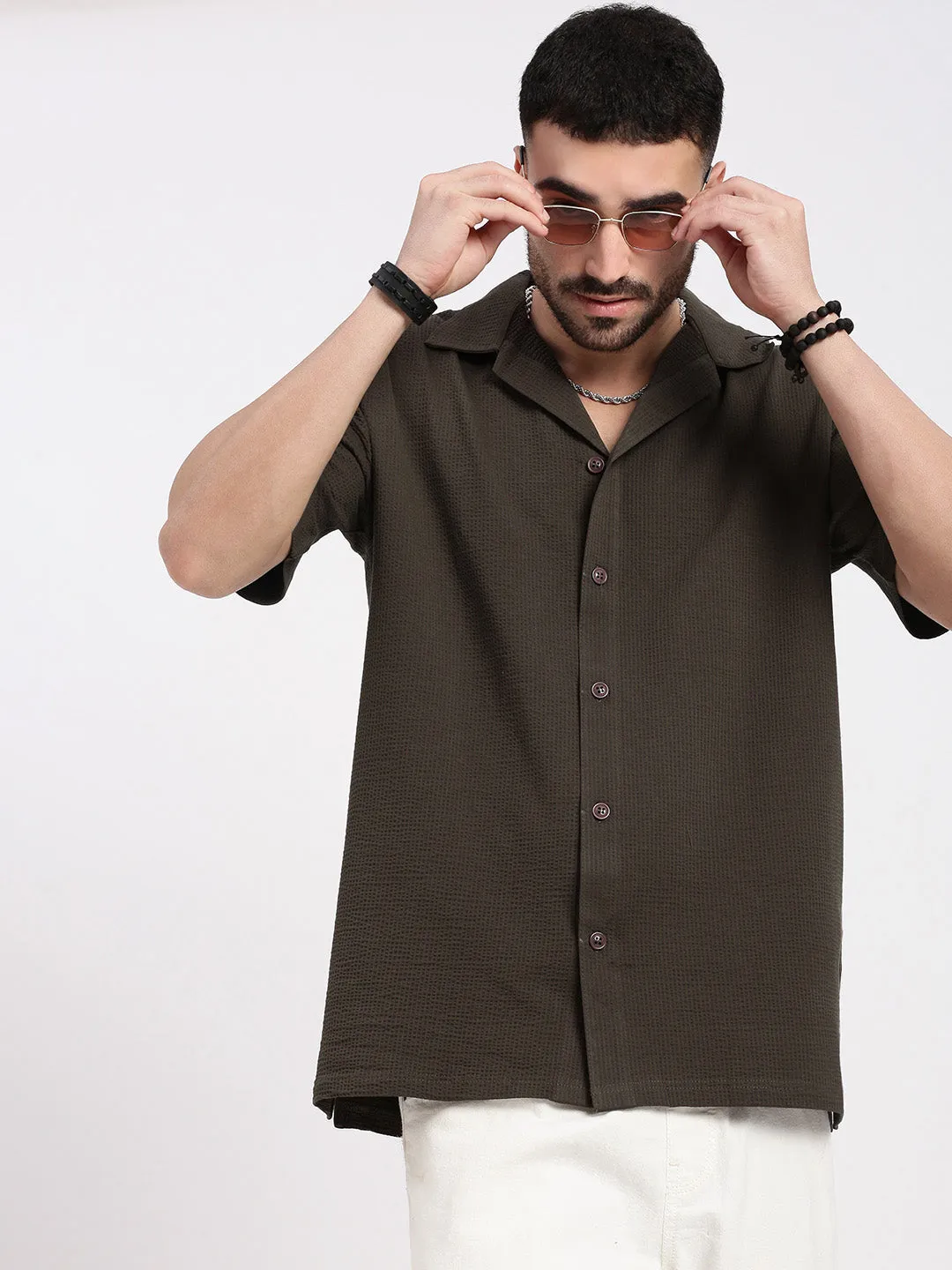 Casual dress Suburb Ease Men's Brown Cuban Collar Solid Casual Cotton Shirt