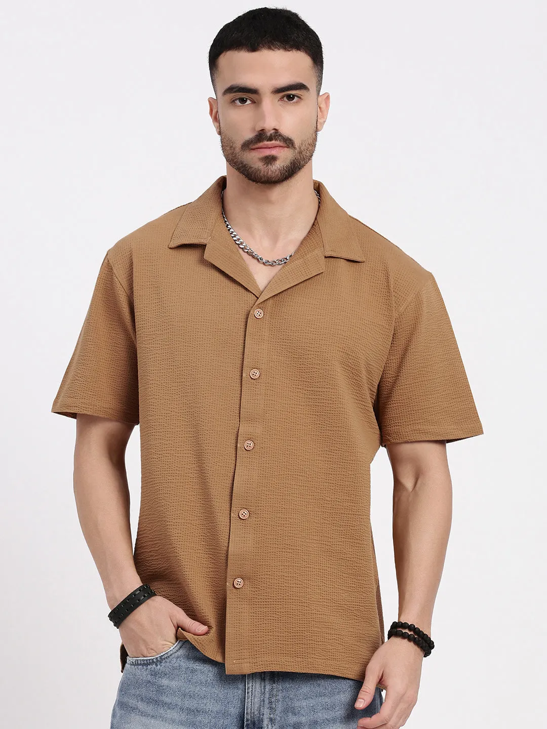 Men's Brown Cuban Collar Solid Cotton Shirt british retro