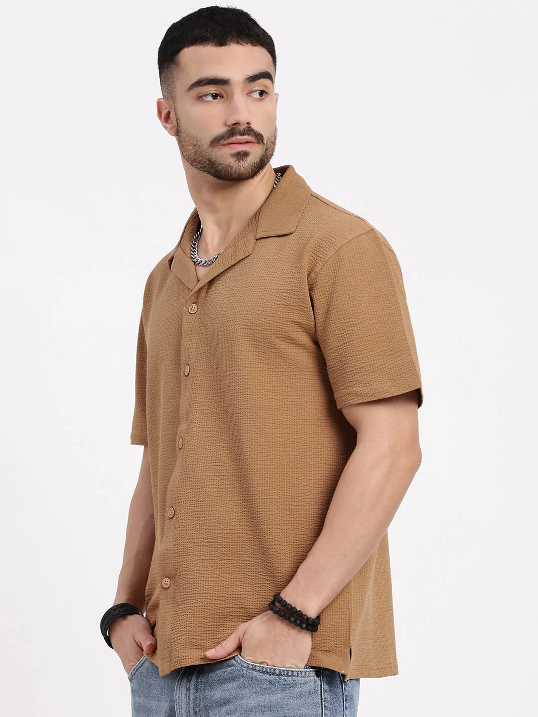 Men's Brown Cuban Collar Solid Cotton Shirt TemperatureControlTechnology
