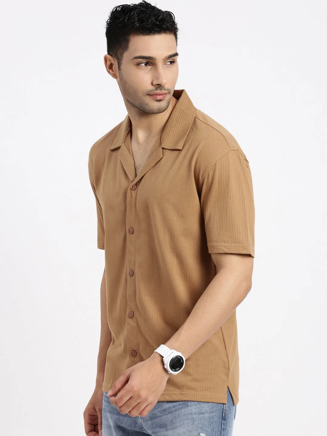 Soft Pants Men's Brown Cuban Collar Solid Relaxed Fit Casual Shirt