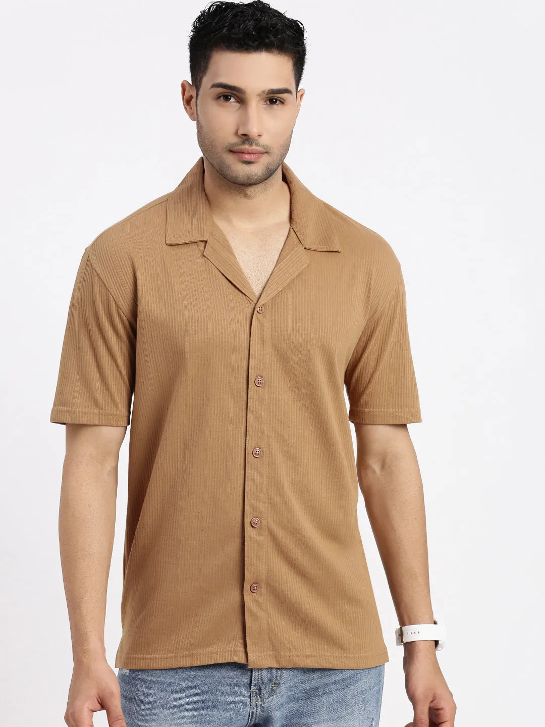ZeroIrritationLabels Men's Brown Cuban Collar Solid Relaxed Fit Casual Shirt