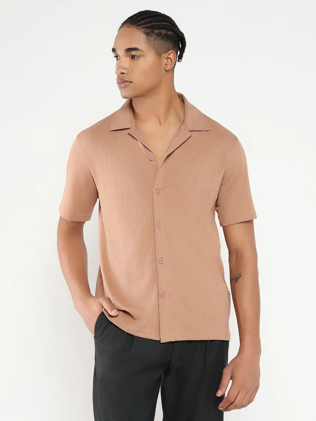 Men's Brown Cuban Collar Solid Relaxed Fit Shirt Noble Core Comfortable Jacket