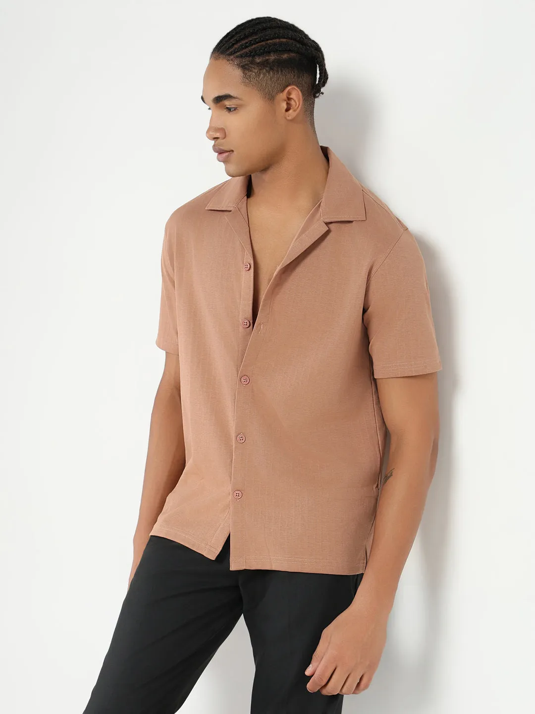 NonIrritating DoubleLayered Men's Brown Cuban Collar Solid Relaxed Fit Shirt