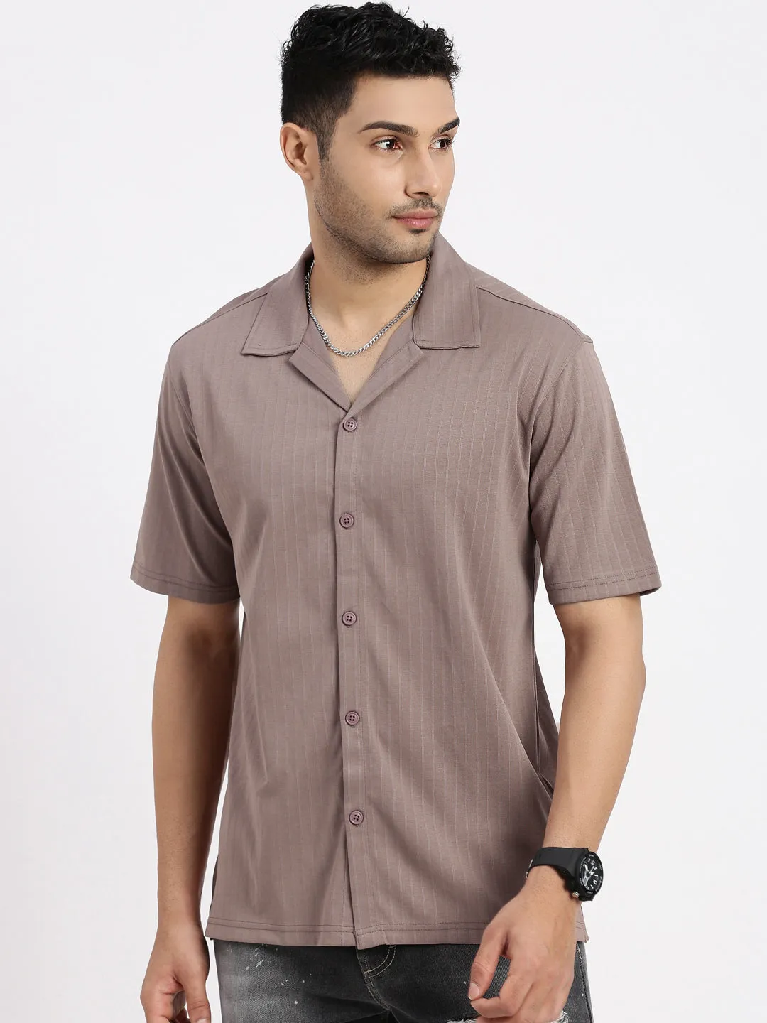 Colorfast Technology Breathable Material Men's Brown Cuban Collar Solid Shirt