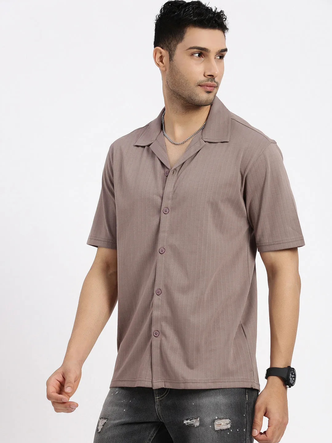 Outdoor Pants Men's Brown Cuban Collar Solid Shirt