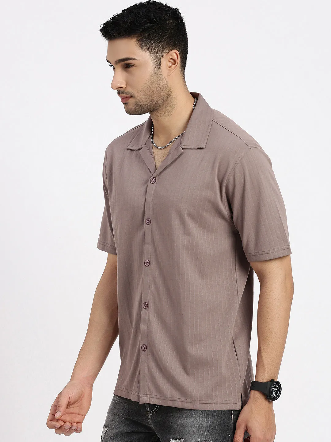 WaterRepellent Surface Fashion Core Men's Brown Cuban Collar Solid Shirt