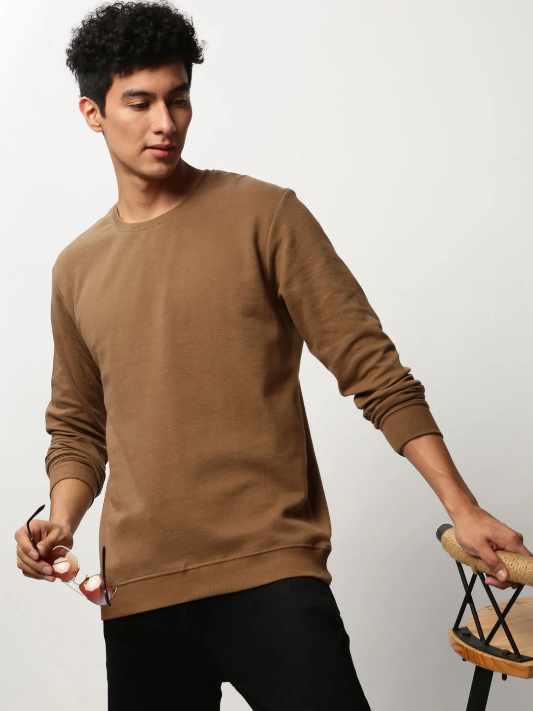 Essential Layer Men's Brown Round Neck Cotton Sweatshirt