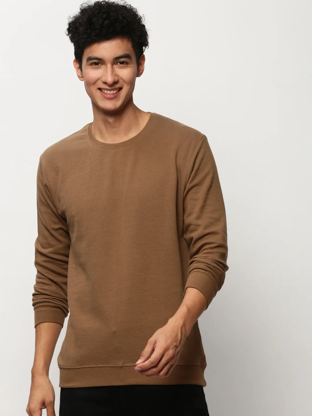 wedding guest wear Men's Brown Round Neck Cotton Sweatshirt